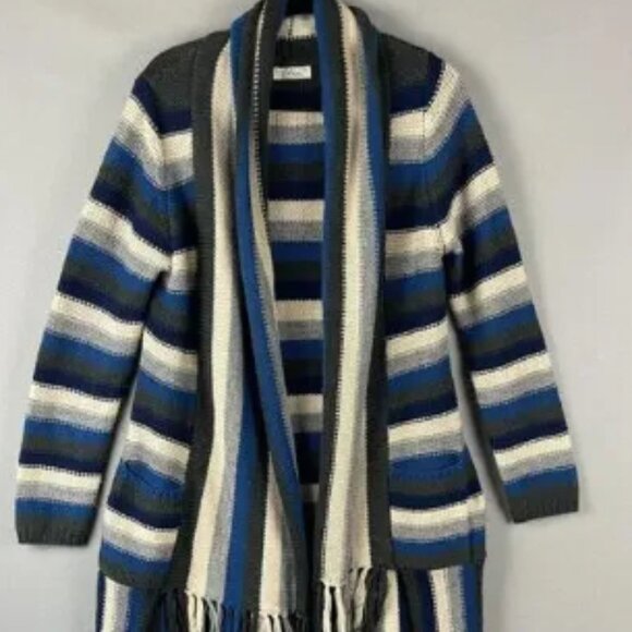 Elan Long Cardigan Sweater Women Medium Stripe Fringe Chunky Knit Granola Earthy - Picture 1 of 8